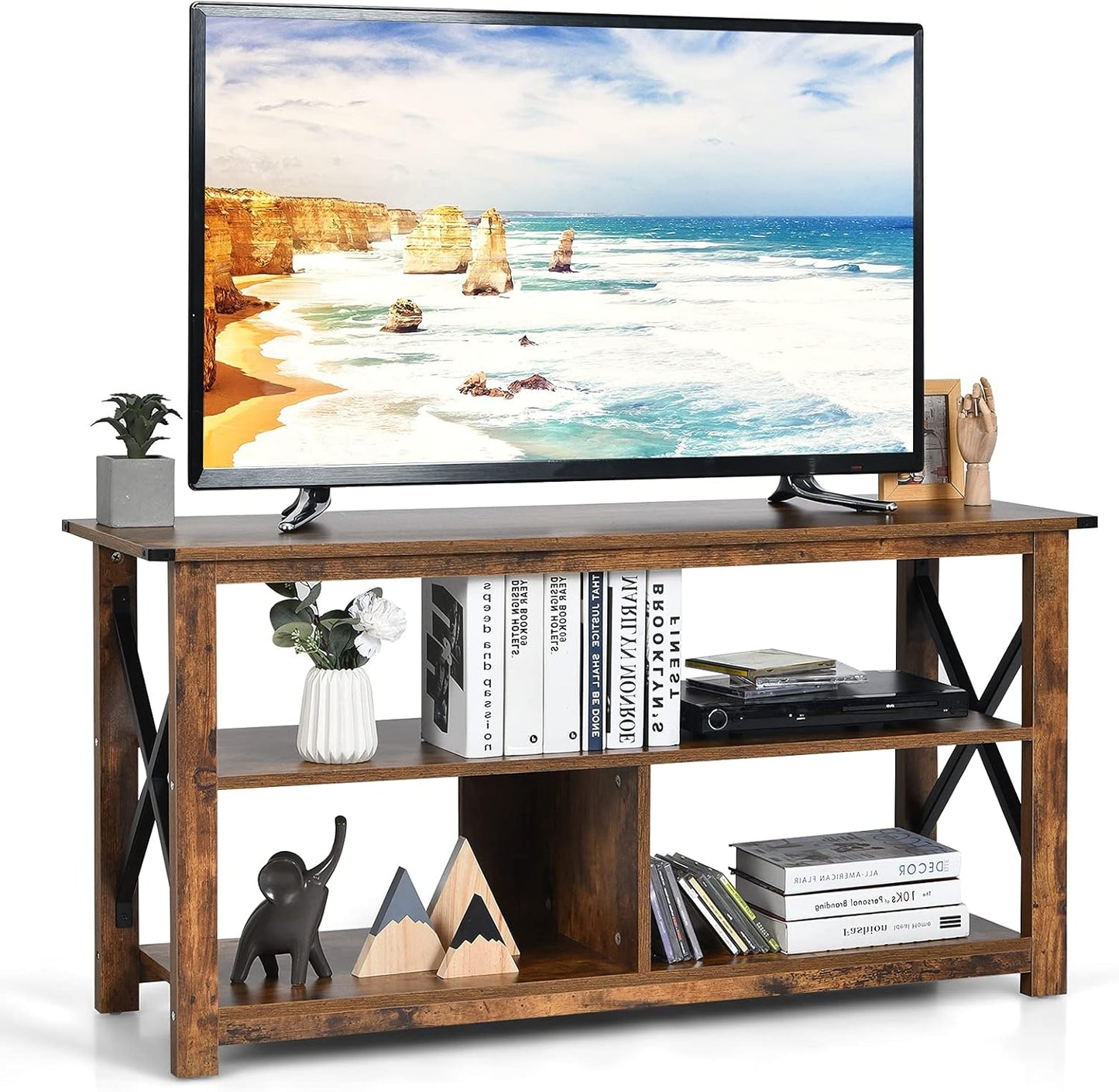Farmhouse TV Stand for 55 TV, X-Frame Shelves