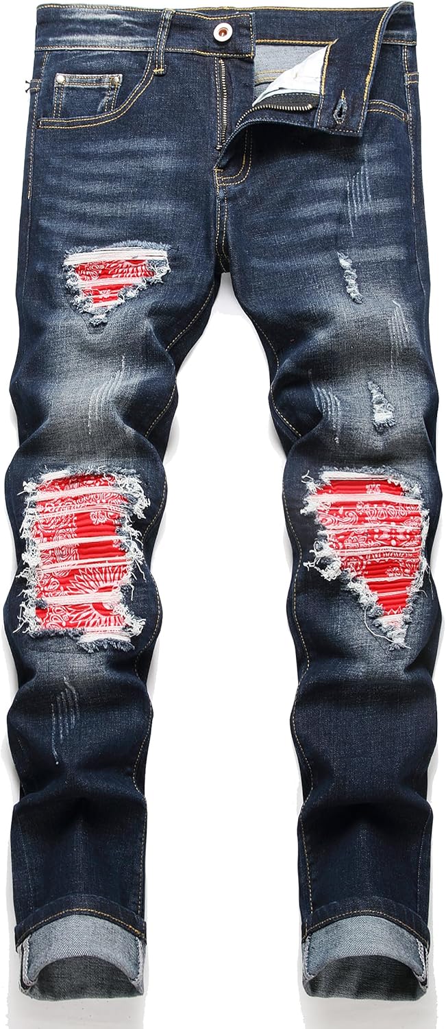 OIIIO Men's Patch Ripped Stretch Regular Fit Jean for Style