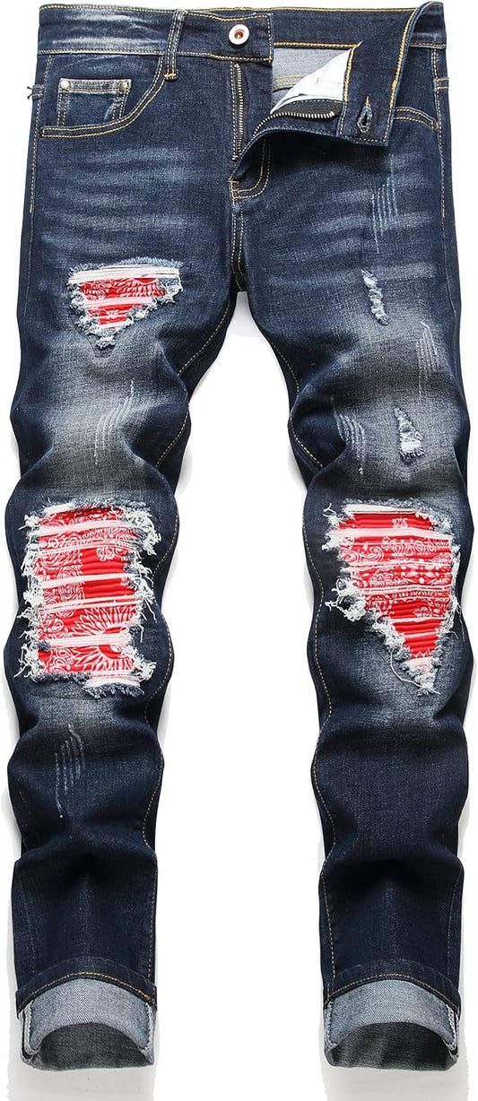 OIIIO Men's Patch Ripped Stretch Regular Fit Jean for Style