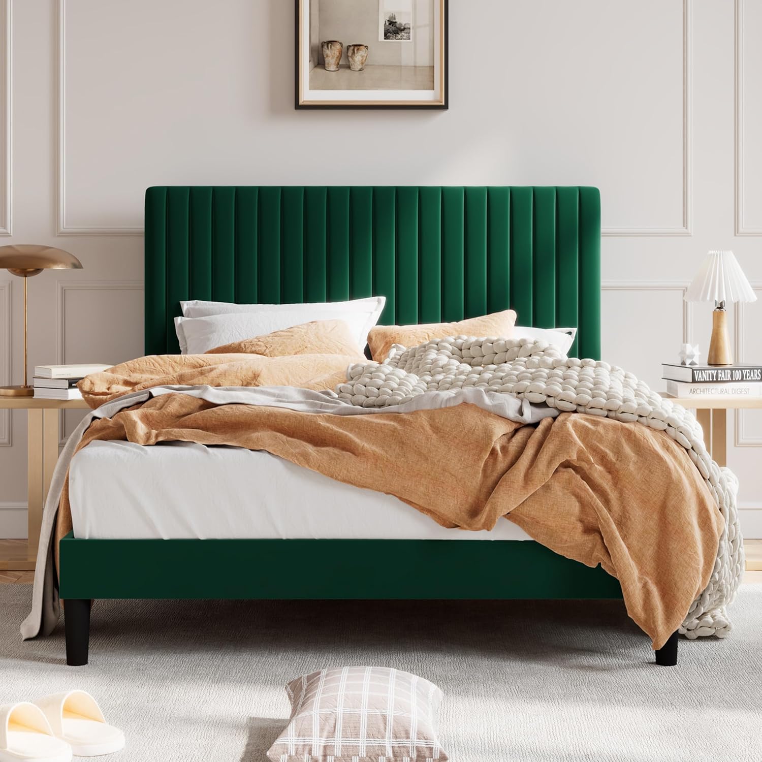 SHA CERLIN Queen Upholstered Platform Bed Frame with Velvet Fabric