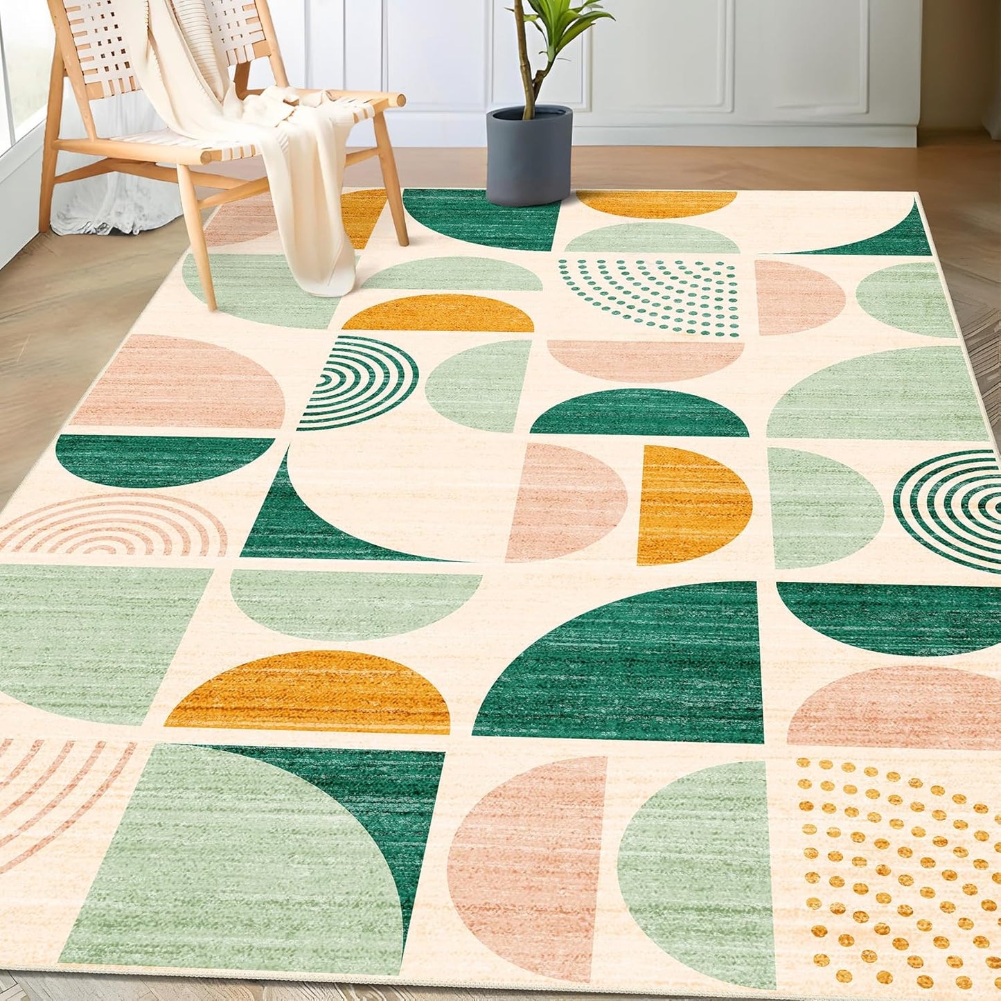 MUJOO Green Rug Boho Washable 3x5 Area Rug for Modern Spaces