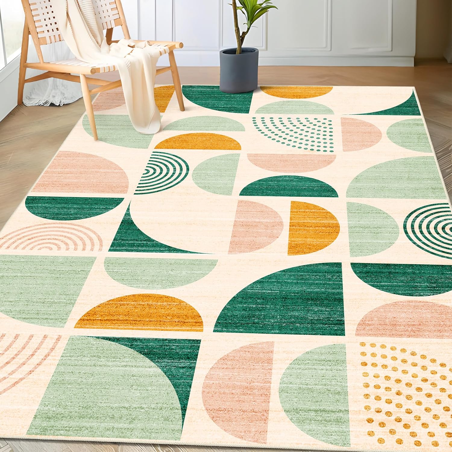 MUJOO Green Rug Boho Washable 3x5 Area Rug for Modern Spaces