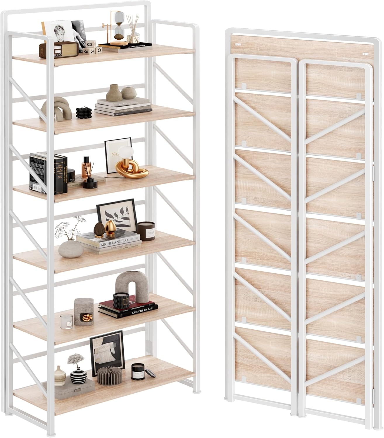 JSB No Assembly Folding Bookshelf: Vintage Wood & Metal Design