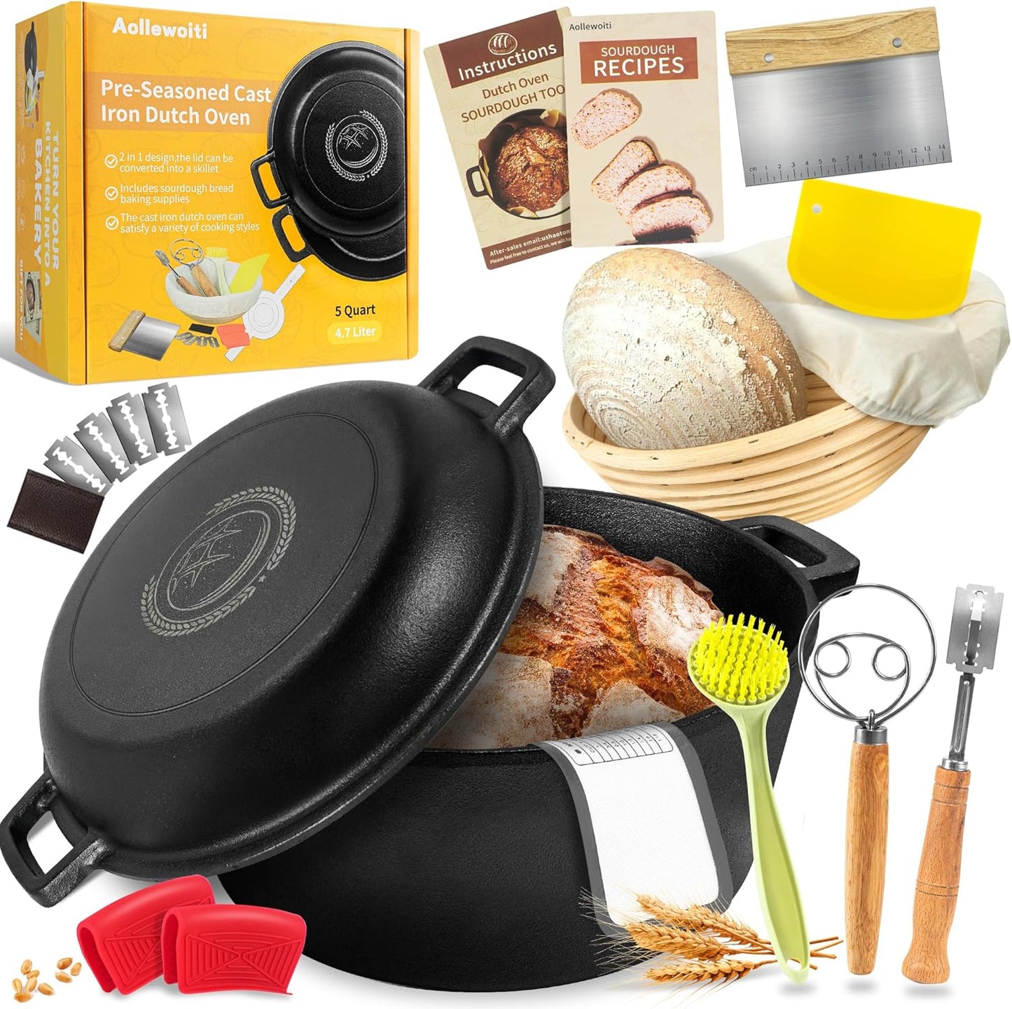 Pre-Seasoned Cast Iron Dutch Oven Pot with Skillet Lid for Baking