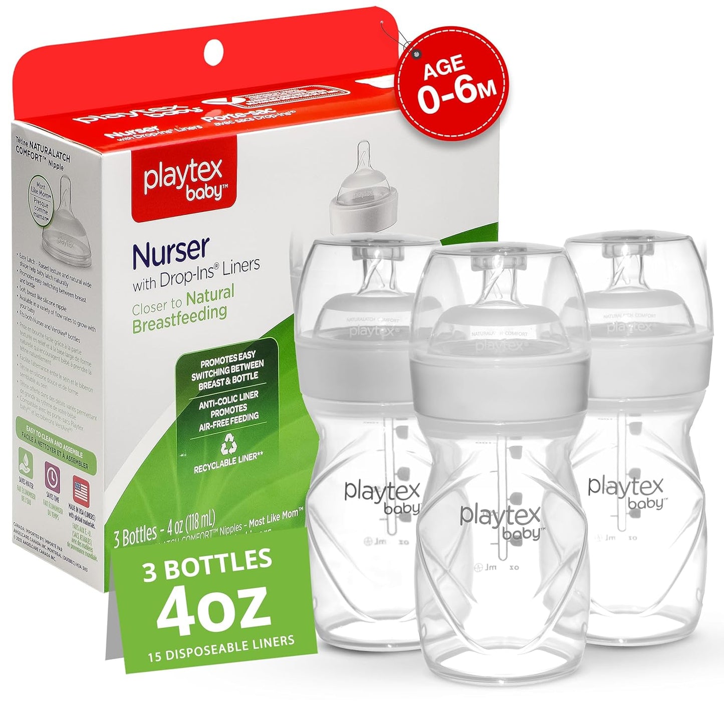 Playtex Baby Anti-Colic Bottles - Gas Relief & Breastfeeding-Friendly, 4 Oz, 3 Pack