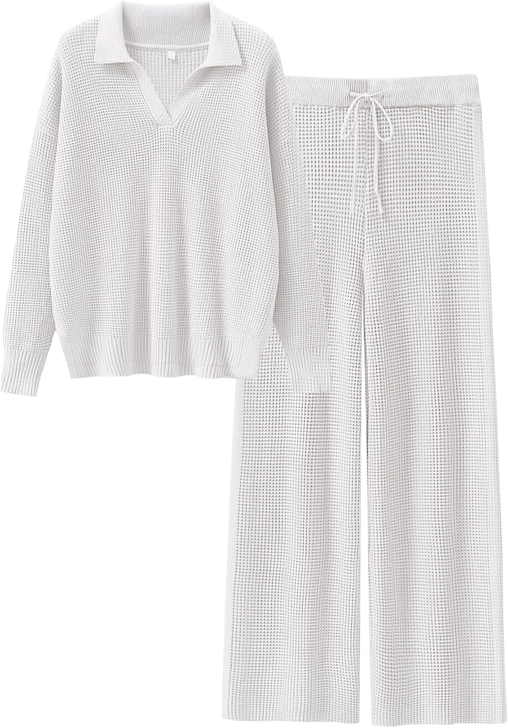 Waffle Knit Pullover Matching Wide Leg Pants Tracksuit Set