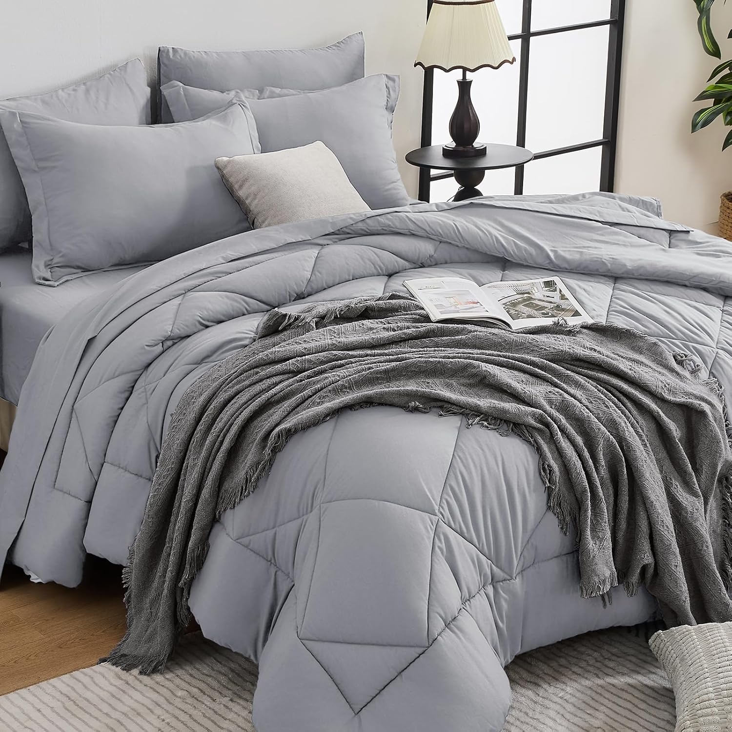 HEVUMYI Light Grey Queen Comforter Set - Ultra Soft Bedding