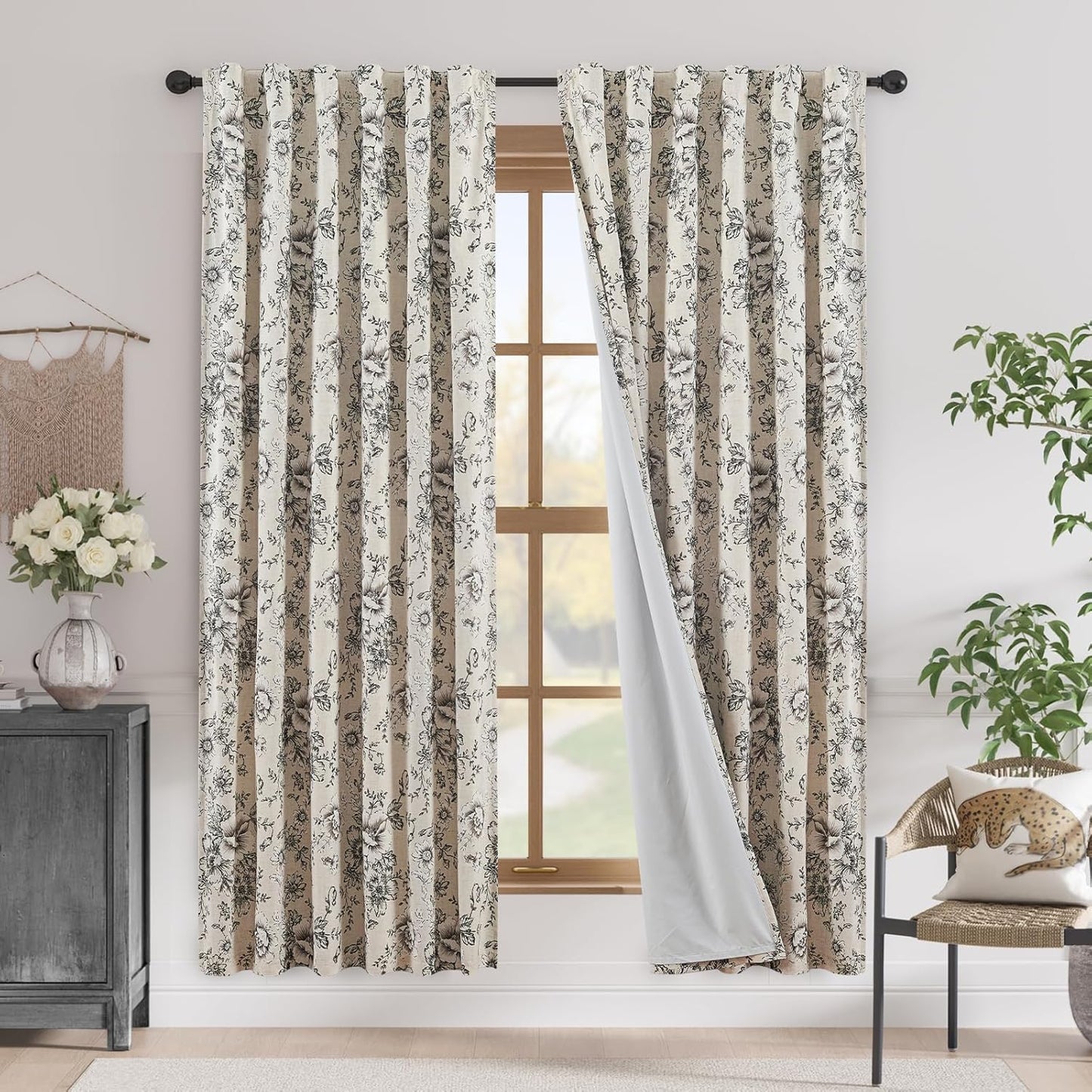 Floral Blackout Linen Blend Curtains for Living Room and Bedroom