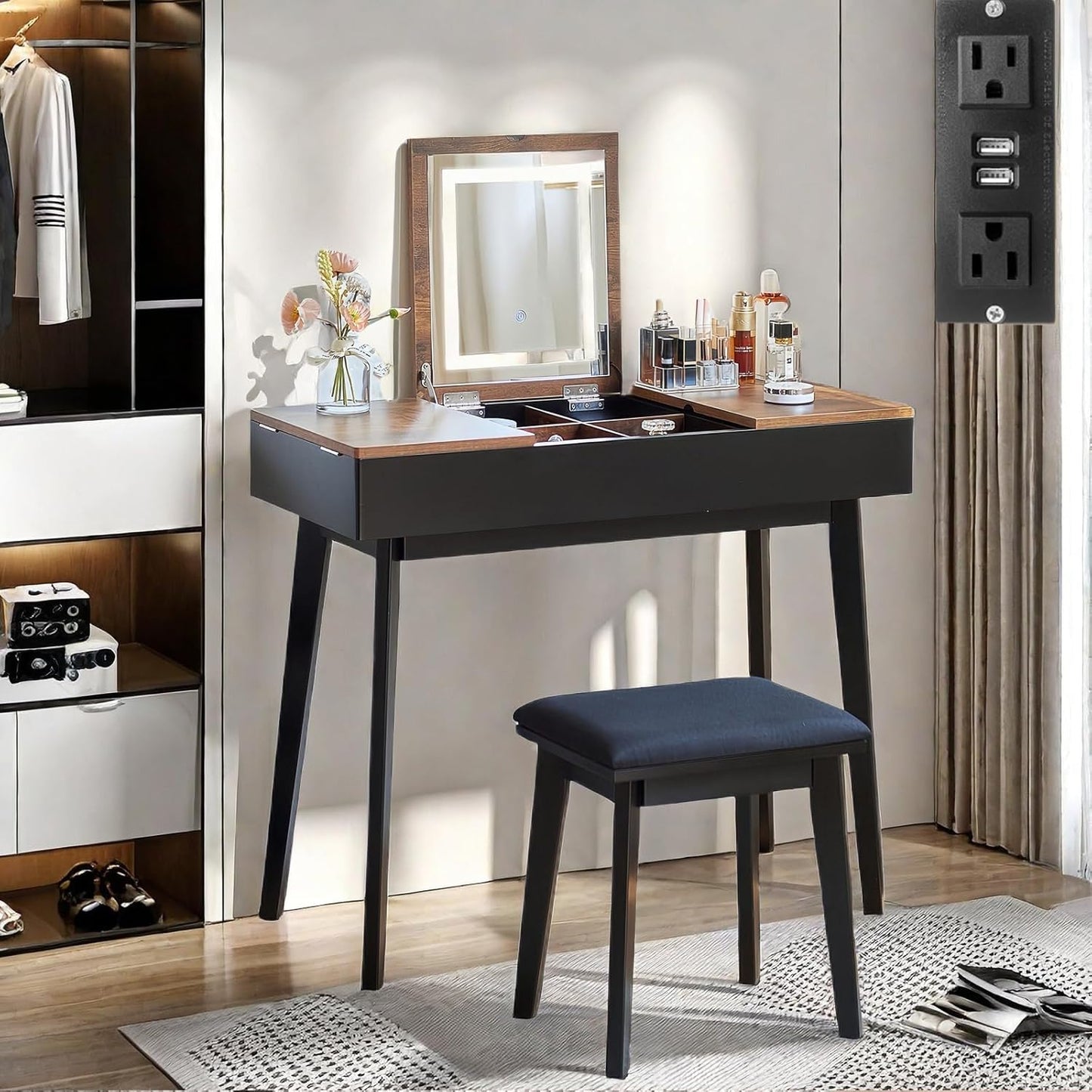 Vintage Vanity Set with Power Outlet & LED Light