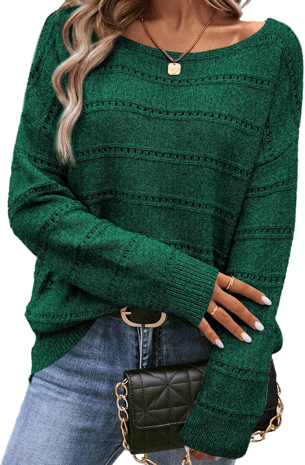 SHEWIN Women's Lightweight Crochet Boat Neck Sweater for Fall