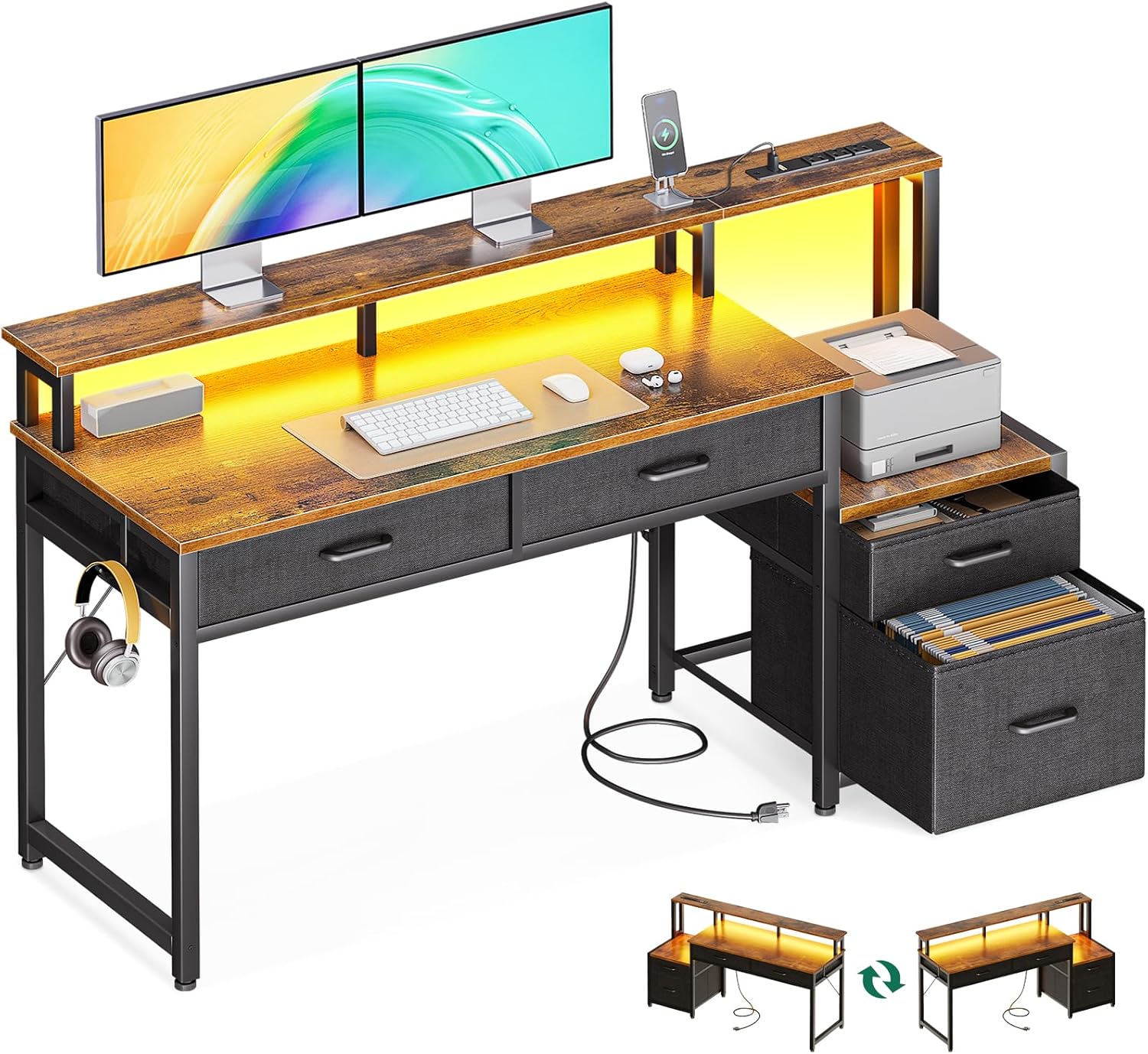 55 Reversible Computer Desk with LED & Outlet