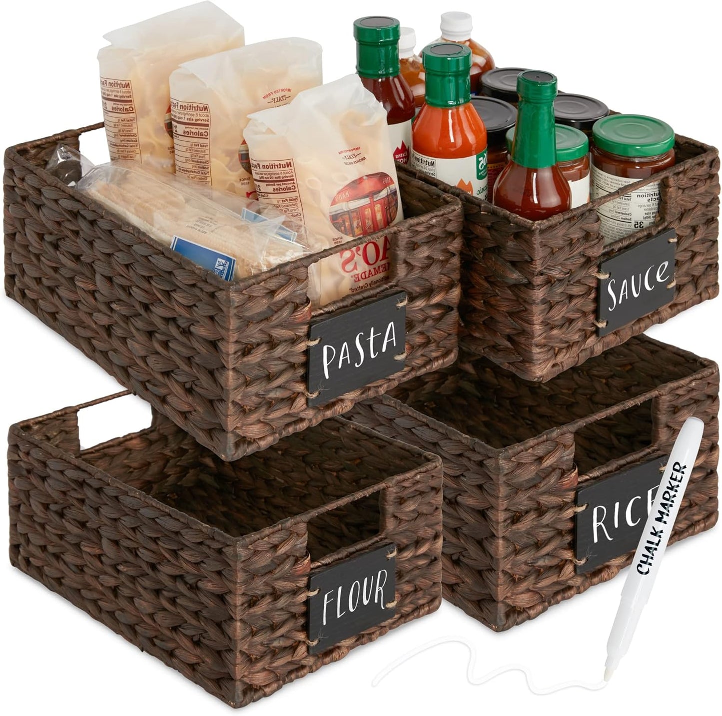 Set of 4 Water Hyacinth Pantry Baskets with Chalkboard Labels