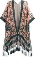 Women's Burnout Velvet Kimono Long Cardigan Cover Up - Sheer Vintage
