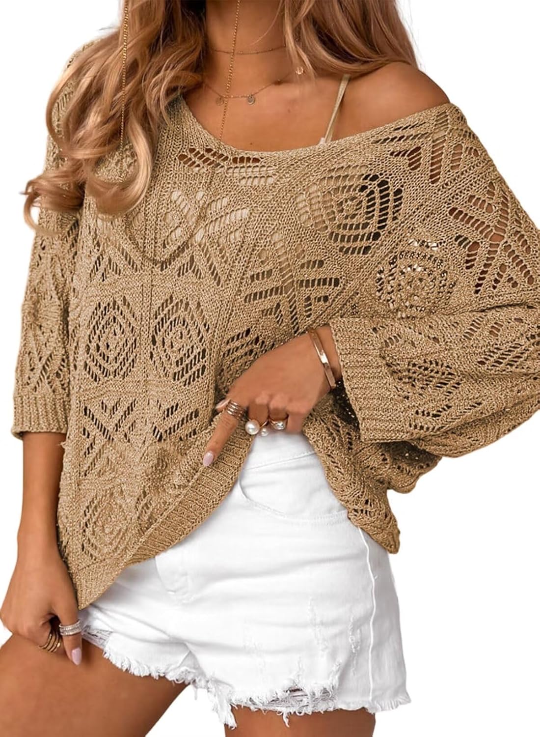 Dokotoo Women's Crochet Hollow Out Off Shoulder Pullover Sweater