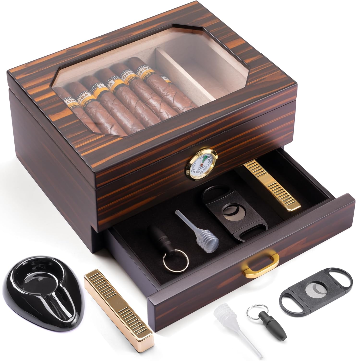 Cigar Humidor with Glass Top, Hygrometer, and Accessories