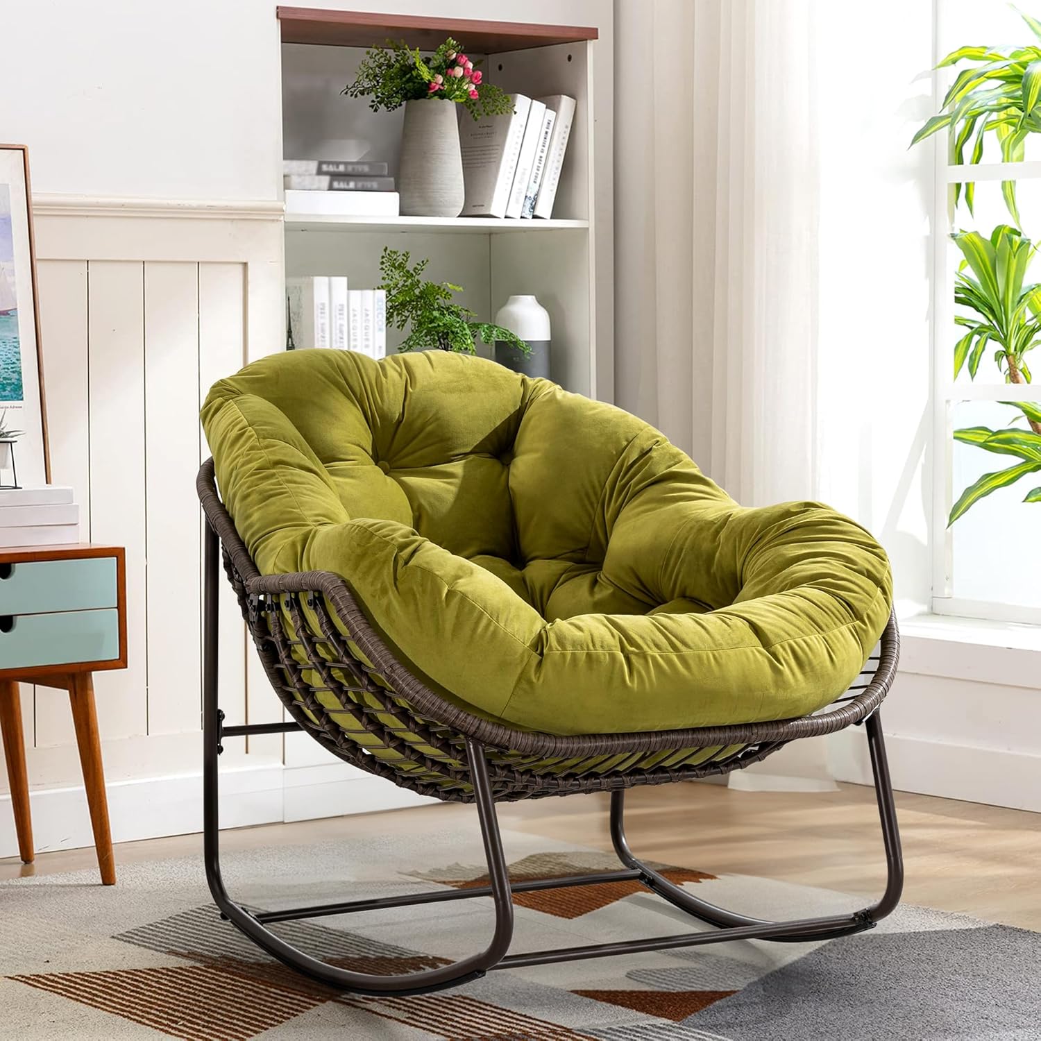 Oversized Rocking Papasan Chair with Thick Cushion for Comfort