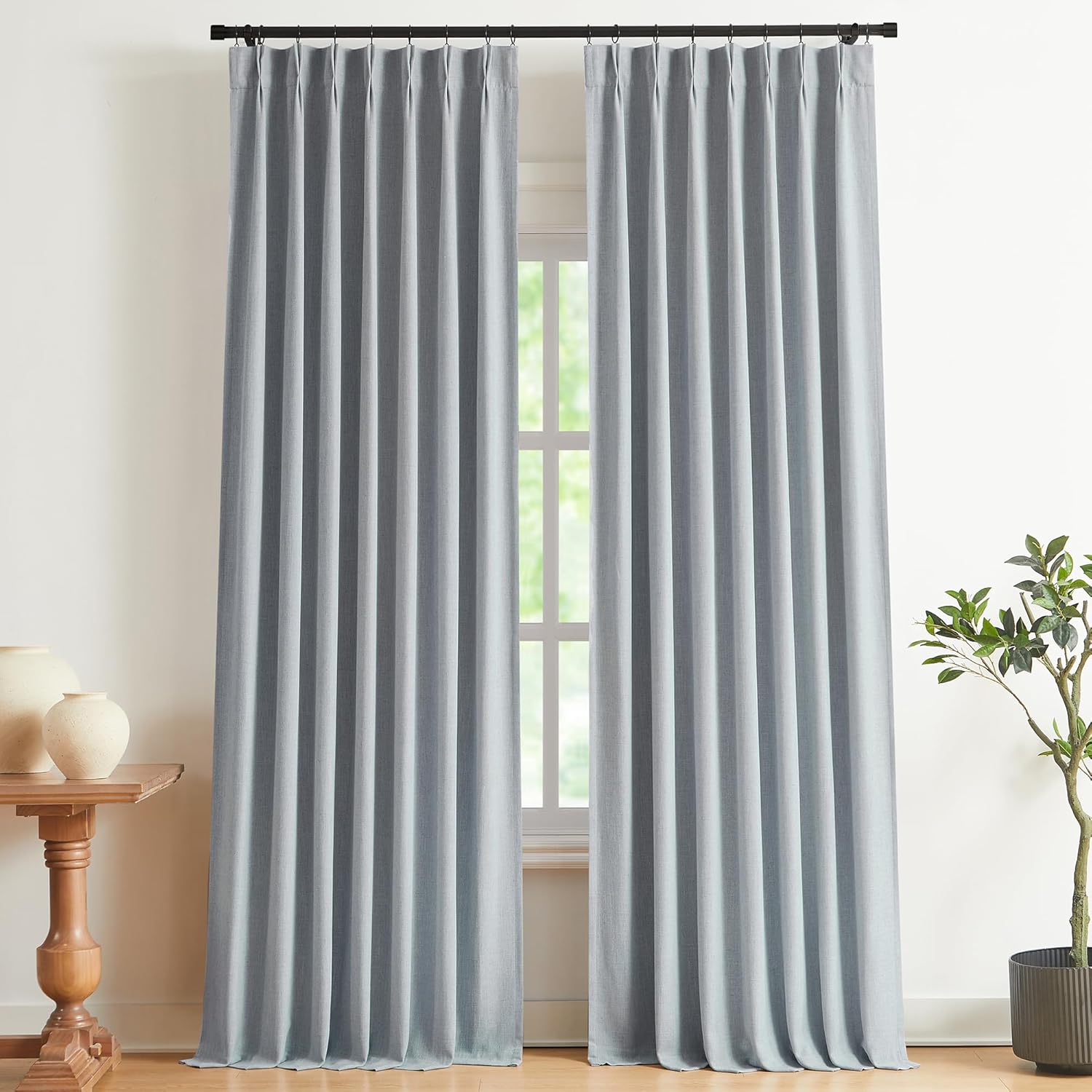 Blue Gray Pinch Pleated Full Blackout Curtains for Home Decor