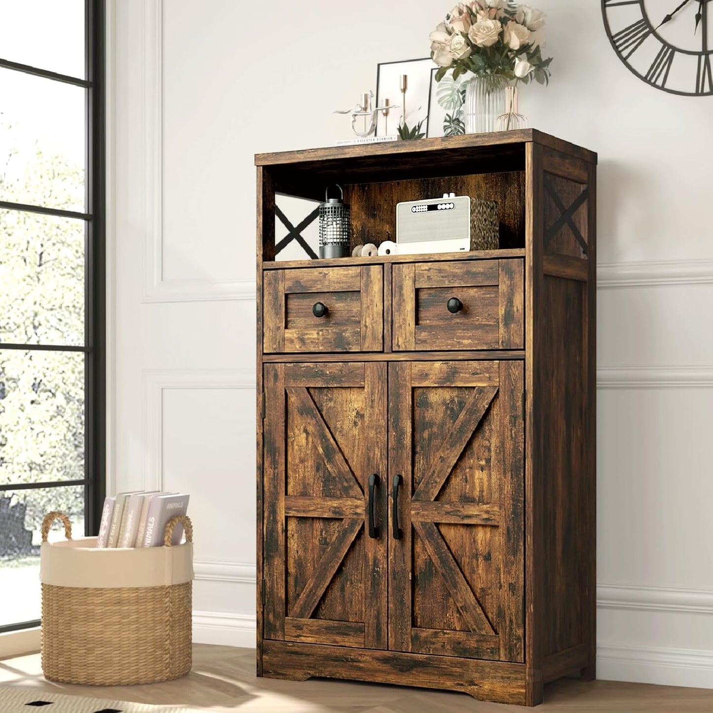 Farmhouse Storage Cabinet with Drawers and Shelves for Home