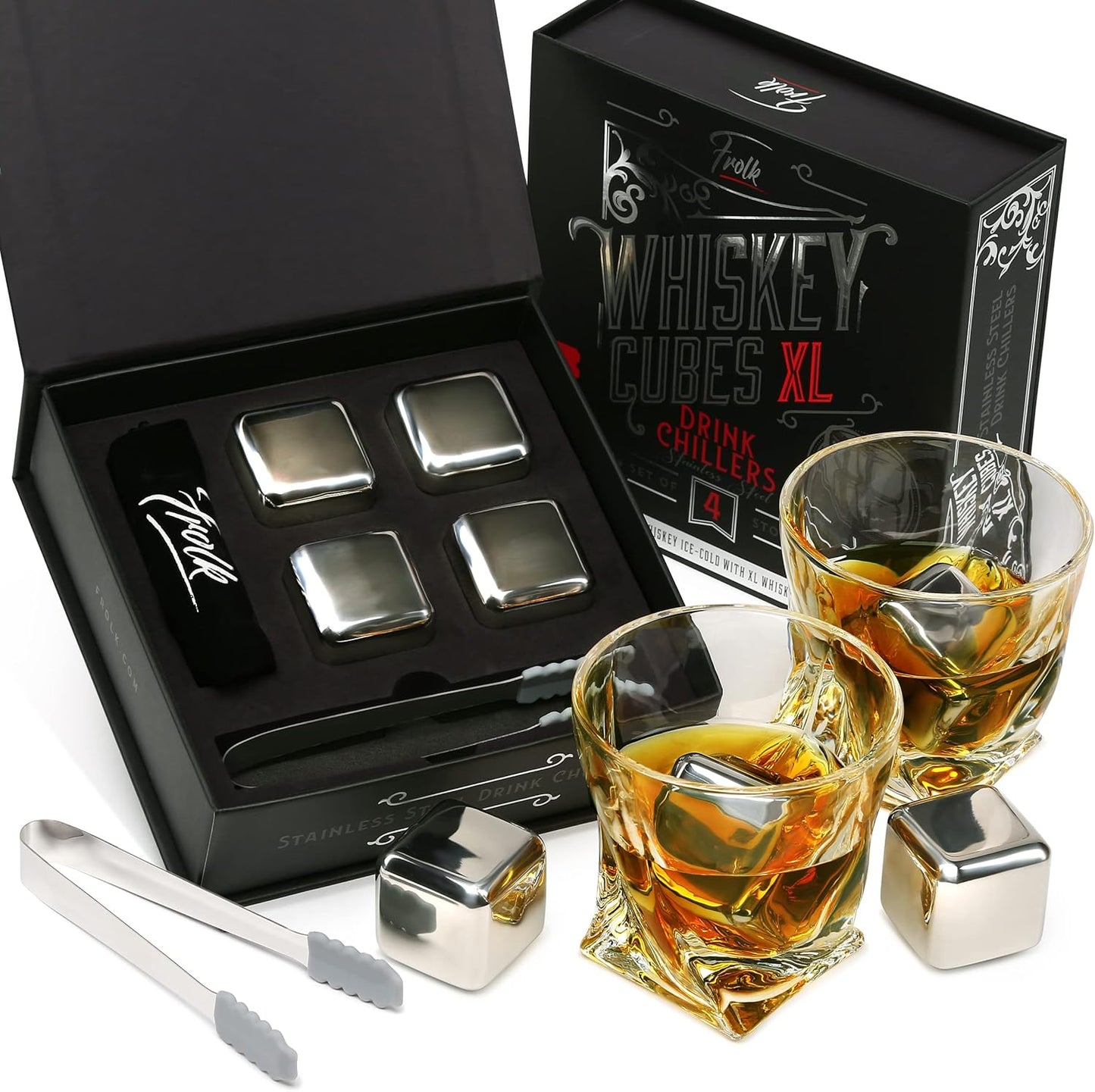 Frolk 4 XL Stainless Steel Whisky Ice Cubes Gift Set
