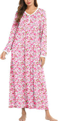 Ekouaer Cotton Long Sleeve Nightgown - Soft Full Length Sleepdress