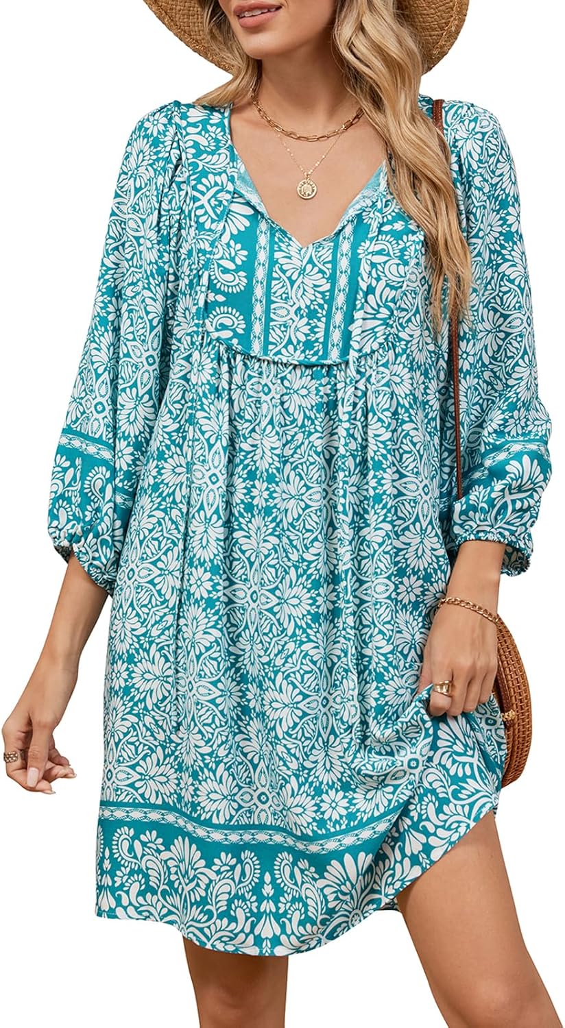Qearal Womens Casual V Neck Boho Floral Mini Summer Dress
