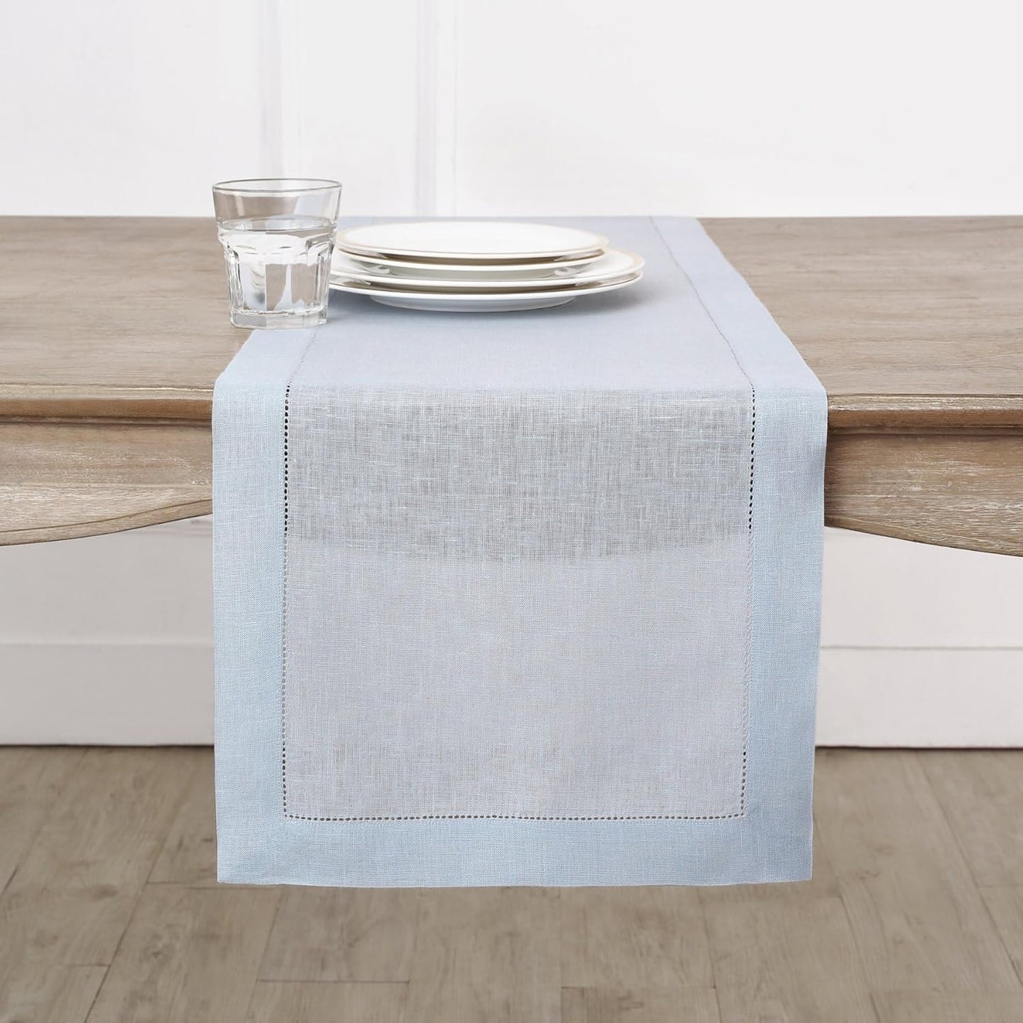 Light Blue Table Runner 90 Inches Long - Pure Linen Hemstitch
