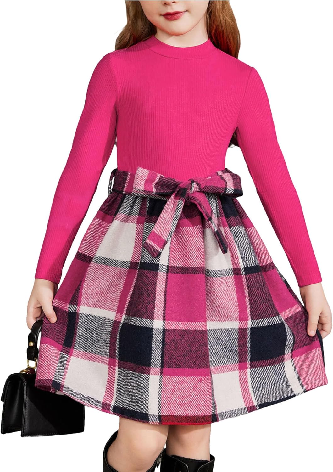 Arshiner Girls Dresses Long Sleeve Rib Knit Plaid Dress with Pockets