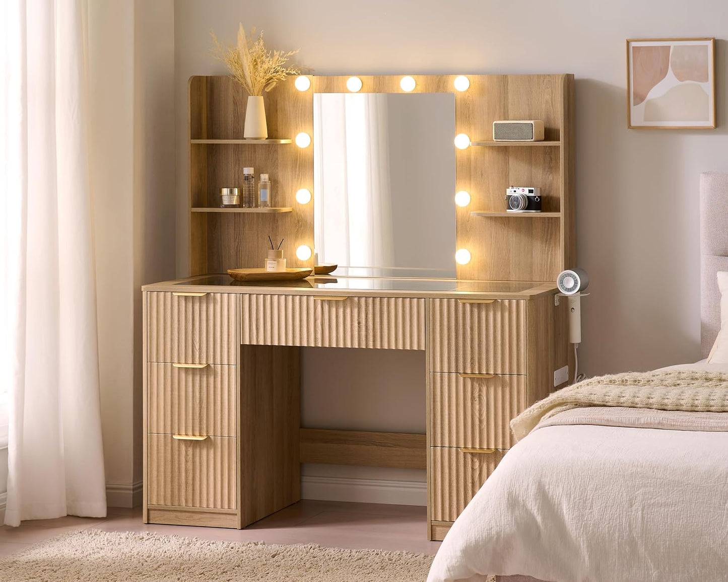 47.2 Fluted Vanity Desk with Mirror and LED Lights for Makeup