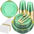 Clear Green Plastic Plates Set for 25 Guests - Elegant Disposable