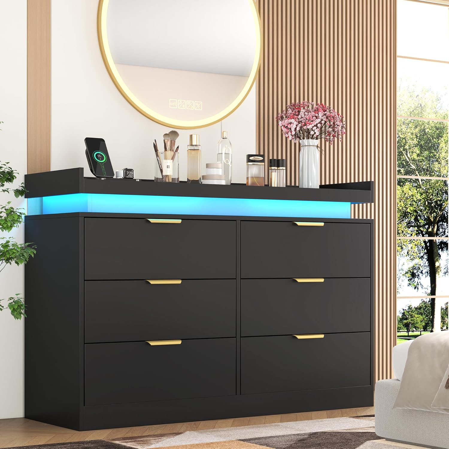 6 Drawer Dresser with LED Lights and Power Outlet for Bedroom