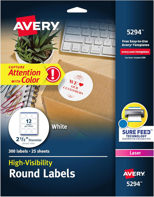 Avery High Visibility Round Labels: 300 Customizable Blanks, 2.5 Diameter