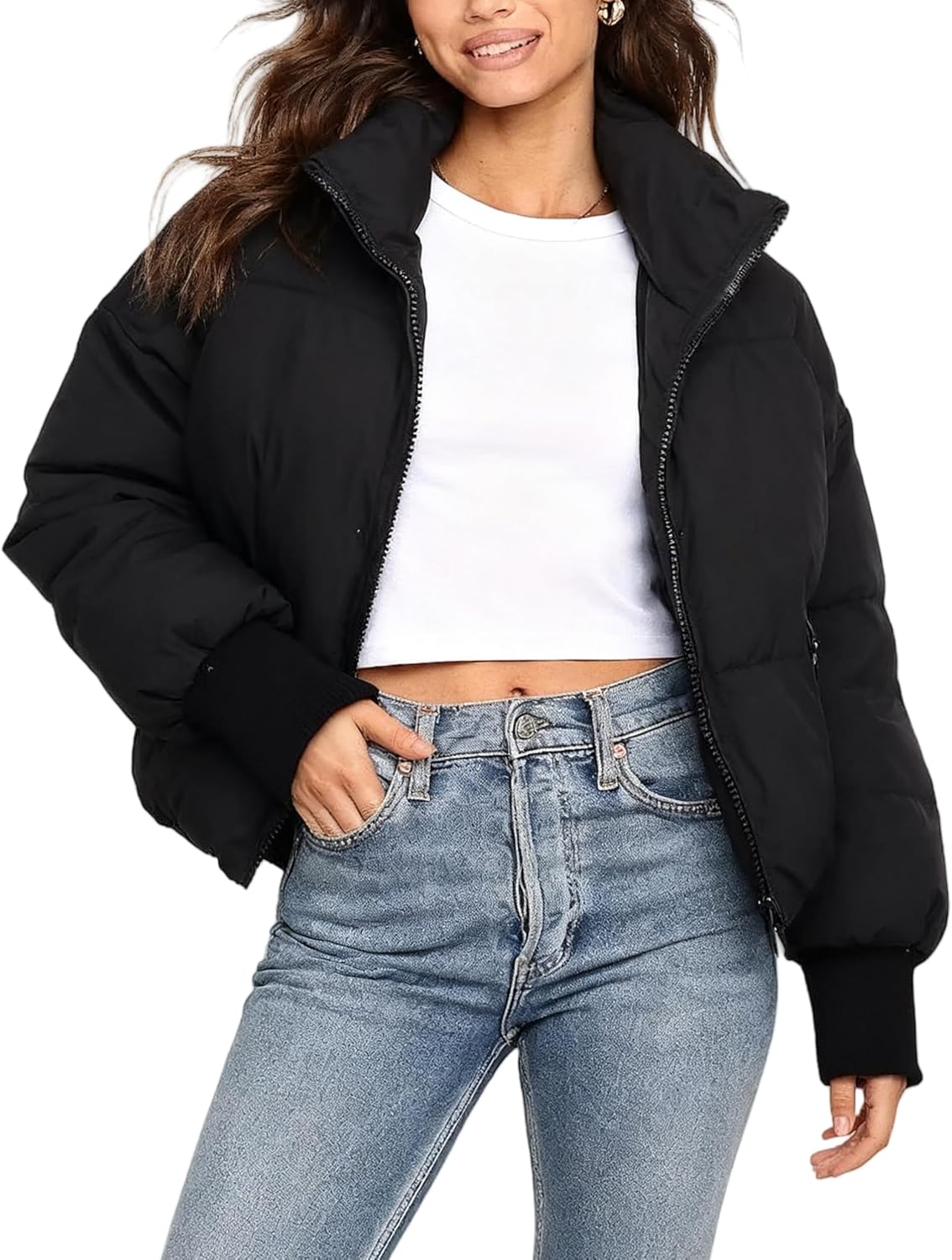 UANEO Puffer Jacket Womens Oversized Cropped Winter Coat