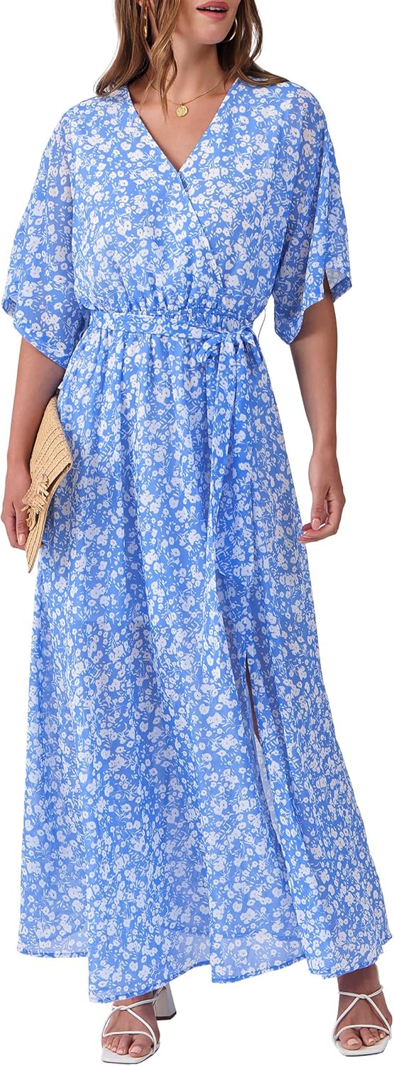 Boho Flowy Wrap V Neck Maxi Dress for Summer Weddings and Parties