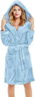 Women Hooded Fleece Robe Knee-Length Plush Spa Robe - Soft Warm