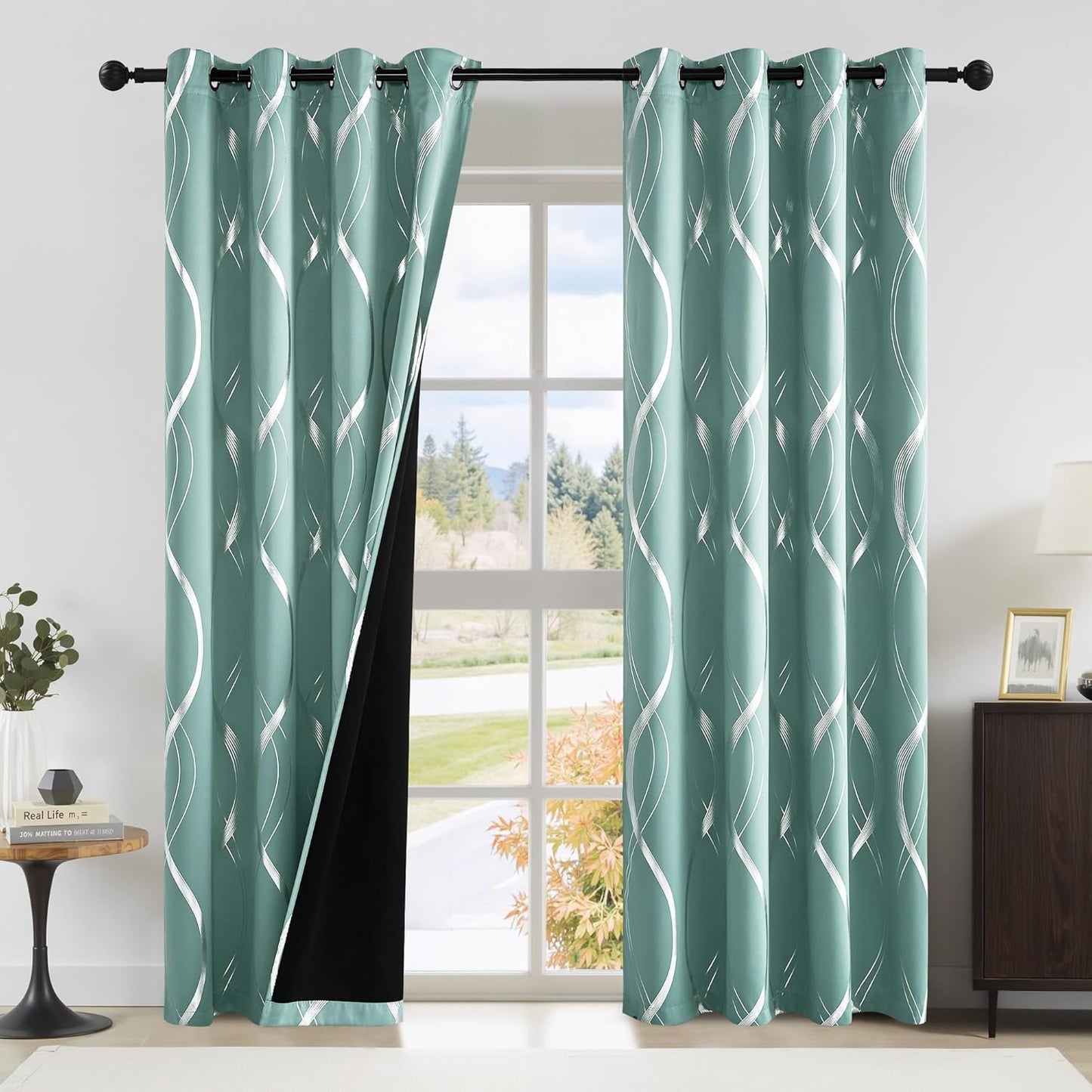 NICETOWN 100% Blackout Aqua Blue Curtain Wave Pattern Panels