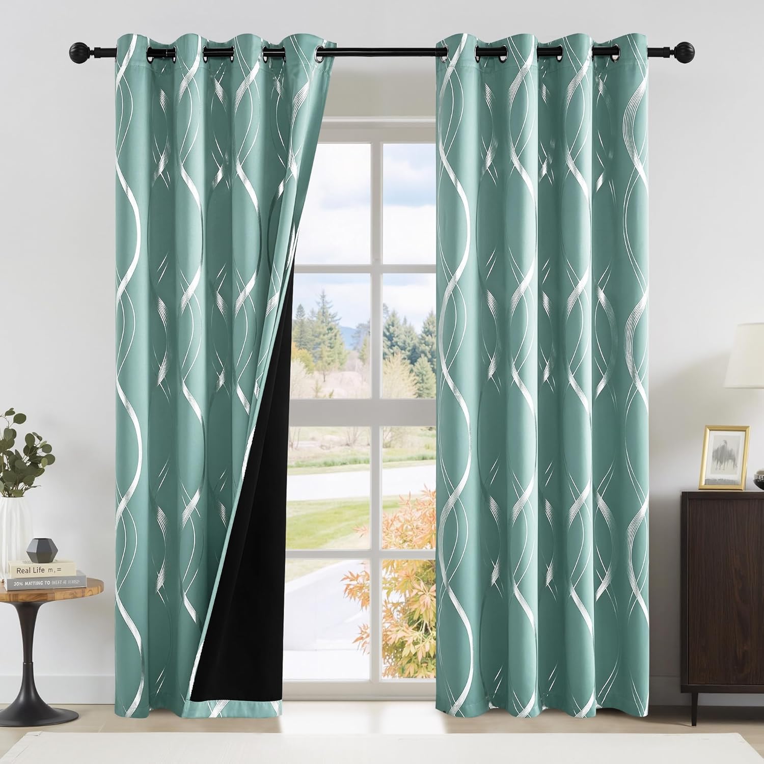 NICETOWN 100% Blackout Aqua Blue Curtain Wave Pattern Panels
