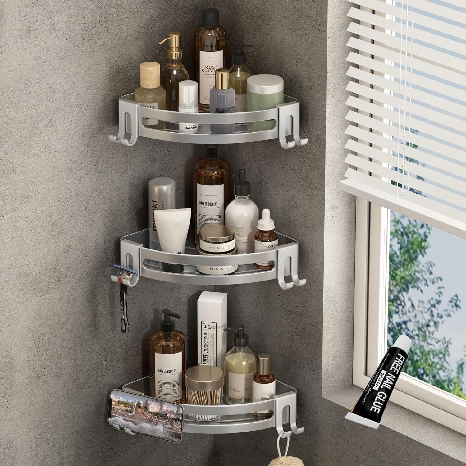 VOLPONE Corner Shower Shelves with Hooks for Storage and Organization