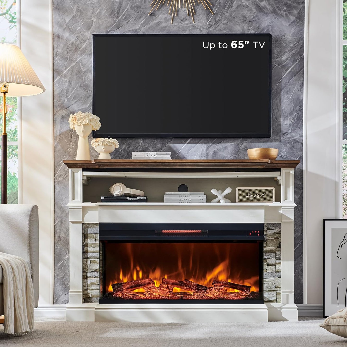 Highboy Farmhouse TV Stand with Electric Fireplace