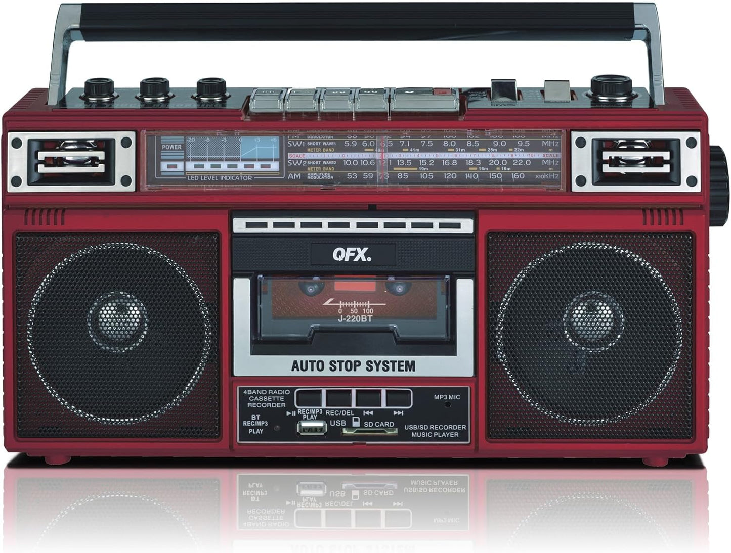 QFX J-220BT Red Boombox with Bluetooth and 4-Band Radio