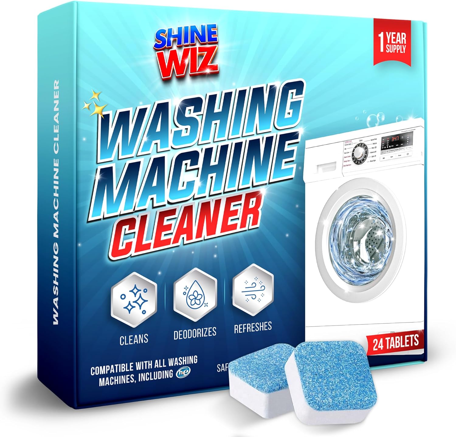 Shine Wiz Washer Cleaner Tablets - Deep Clean & Deodorize - 24ct