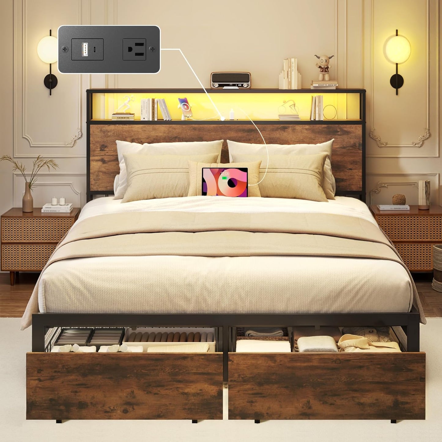 Lifezone Full Bed Frame with Storage & Charging Station Features