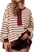 Striped Oversized Henley Sweatshirt Tunic - Cozy Waffle Knit