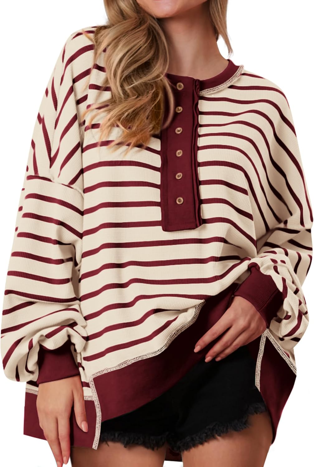 Oversized Striped Sweatshirt for Women - Cozy Waffle Knit Top