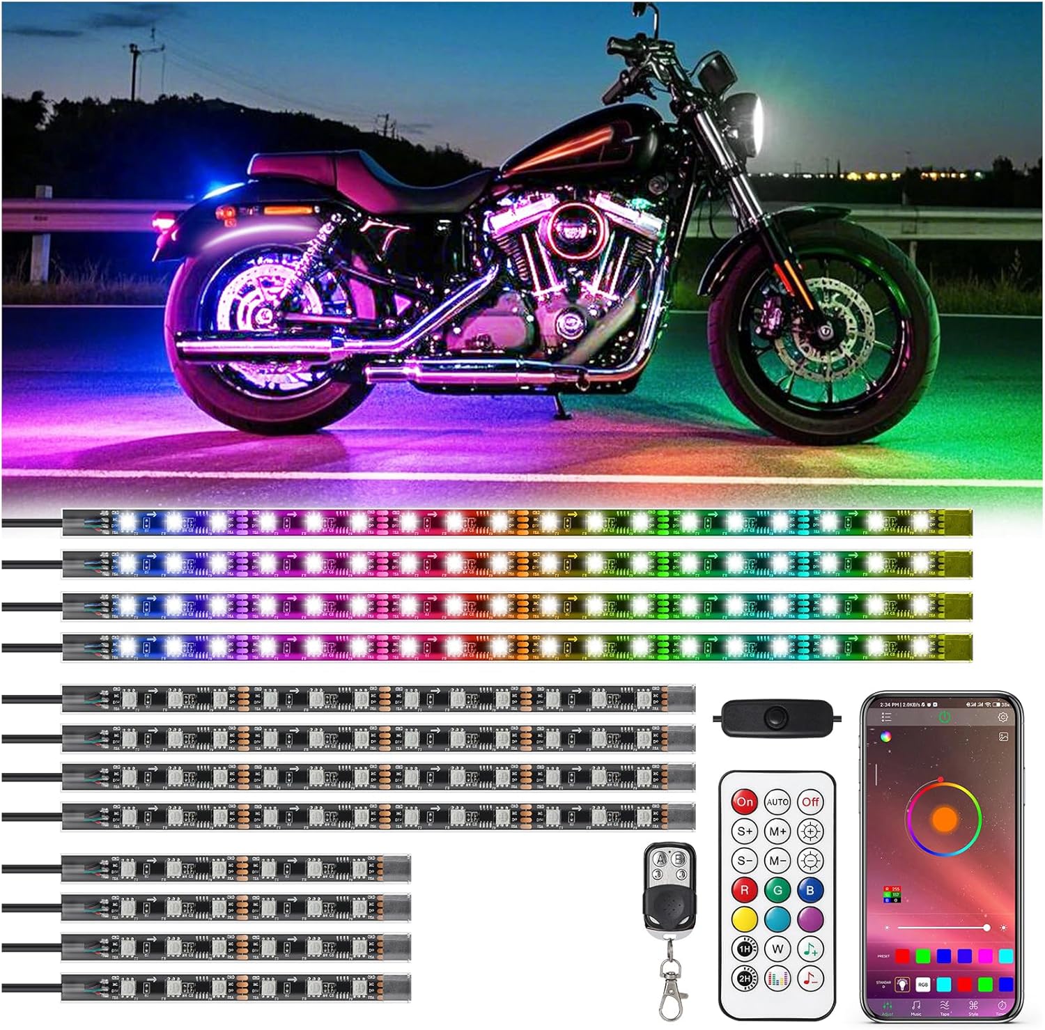 12Pcs RGB+IC Chasing Motorcycle LED Lights for Safety & Style