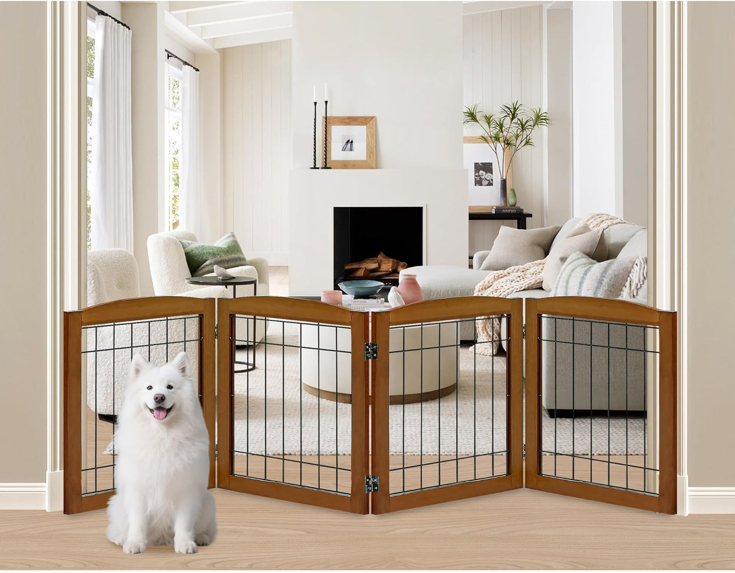 LZRS 4-Panel Extra-Wide Wooden Freestanding Dog Gate for Pets