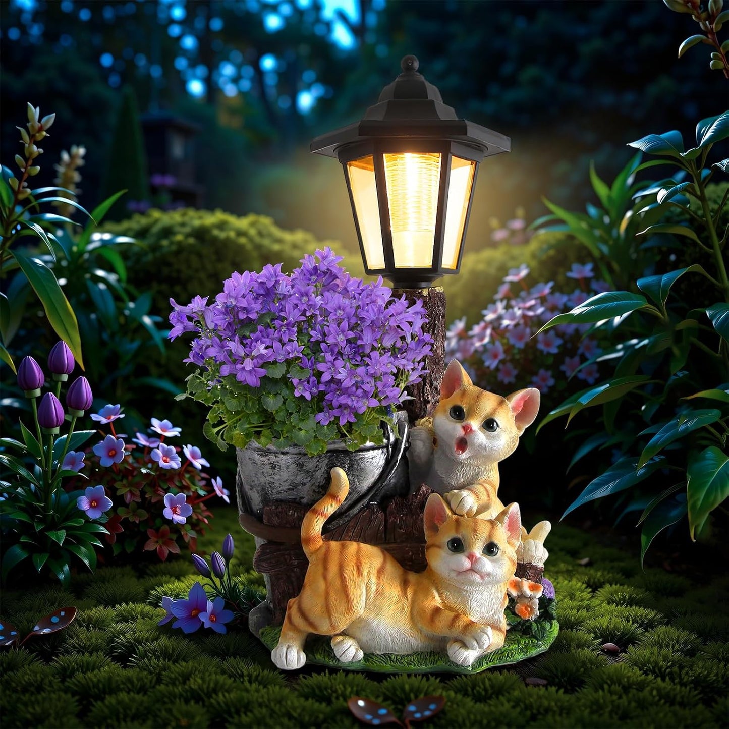 Solar Cat Outdoor Statues for Garden Decor and Lantern Art