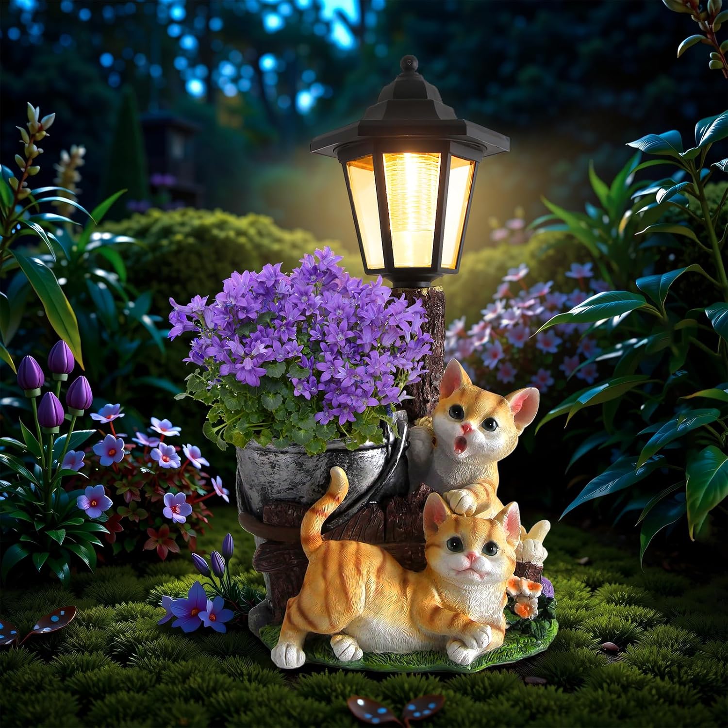Solar Cat Outdoor Statues for Garden Decor and Lantern Art