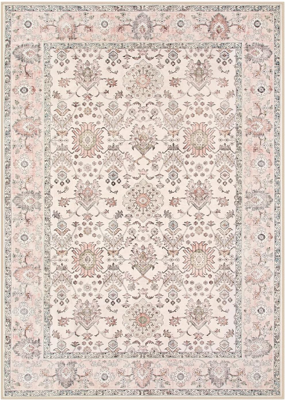 Washable Boho Floral Rug, Soft Non Slip 5x7
