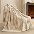 Luxury Striped Faux Fur Throw Blanket 88x90 in Beige - Cozy Plush