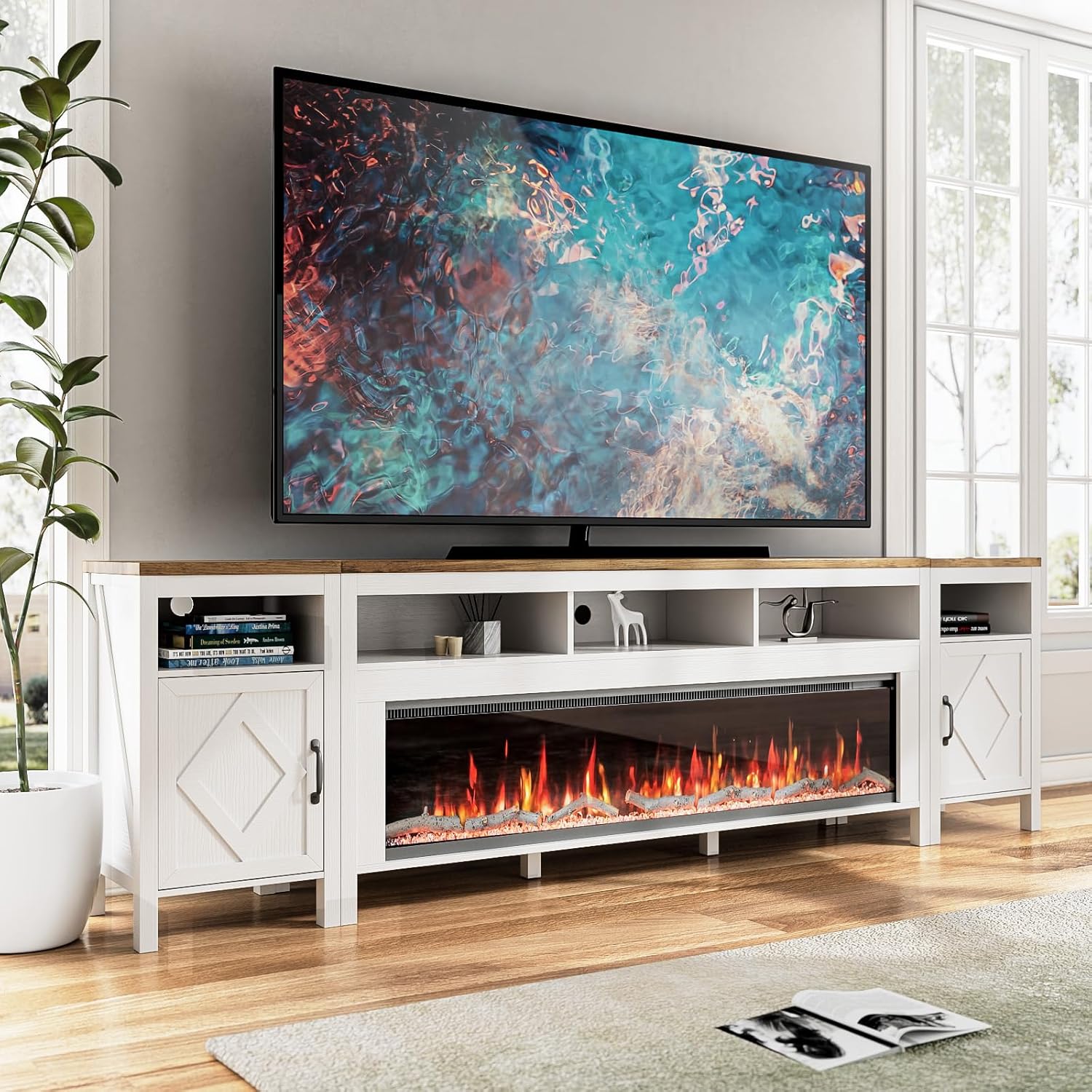 110 Fireplace TV Stand w/ Electric Fire, Storage - Farmhouse White